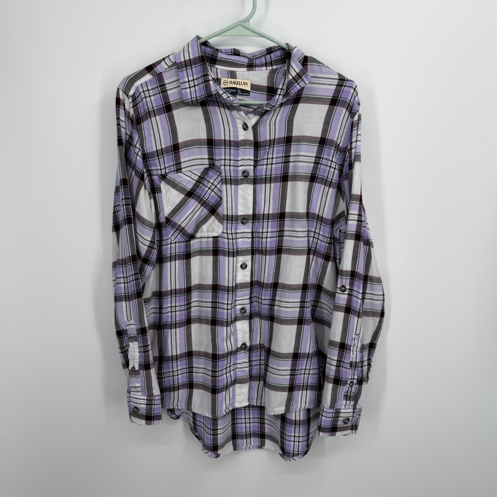 Magellan‎ Outdoors Button Up Shirt Womens L Purple Plaid Boyfriend Fit Flannel